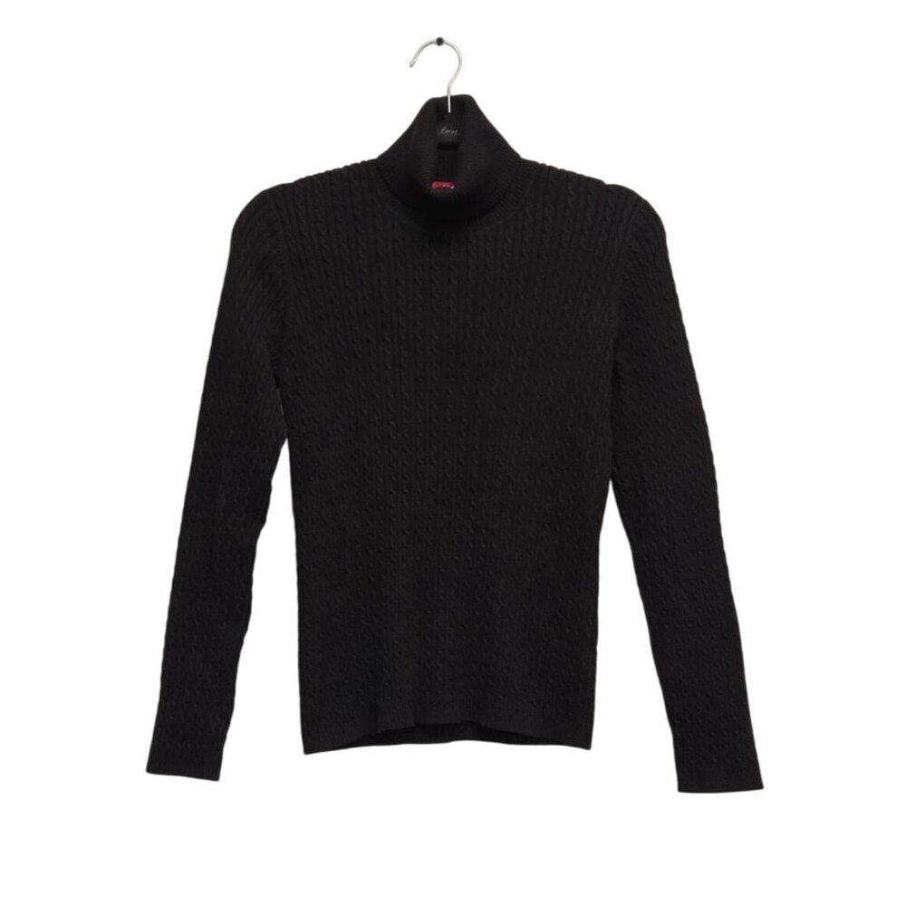 Academia Preppy‎ Old Money Black Cable Knit Turtleneck Sweater Womens M Classic